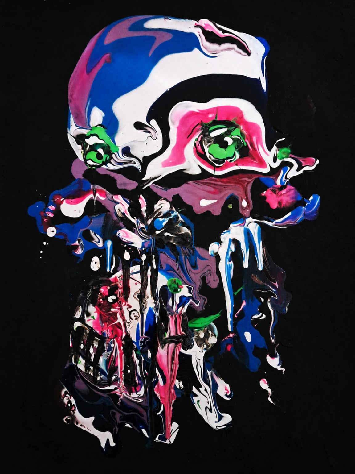 Peinture abstraite organique en bleu, rose, vert, blanc et noir sur fond noir