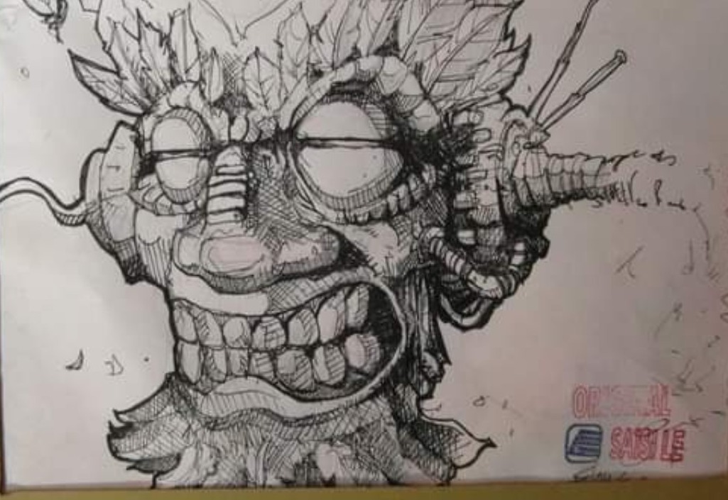 Créature organique encadrée dessinée à l’encre