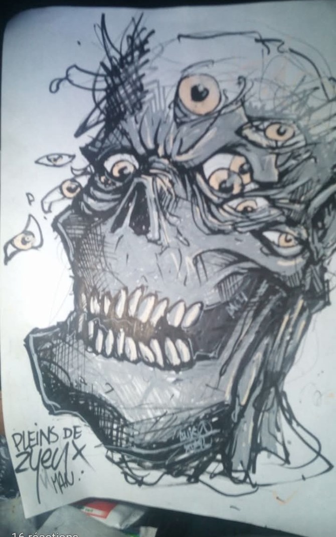 Visage organique aux yeux multiples dessiné à l’encre