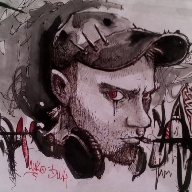 Portrait masculin dessiné en noir avec des touches rouges