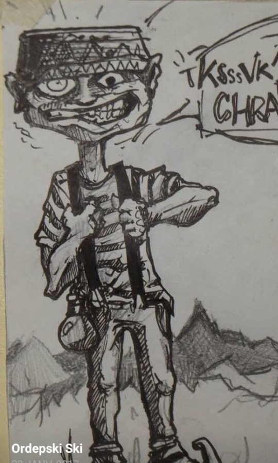 Personnage caricatural dessiné à l’encre noire
