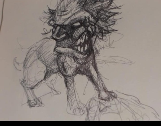 Créature musclée et griffue dessinée au crayon