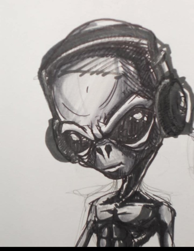 Alien portant un casque audio dessiné en noir et blanc
