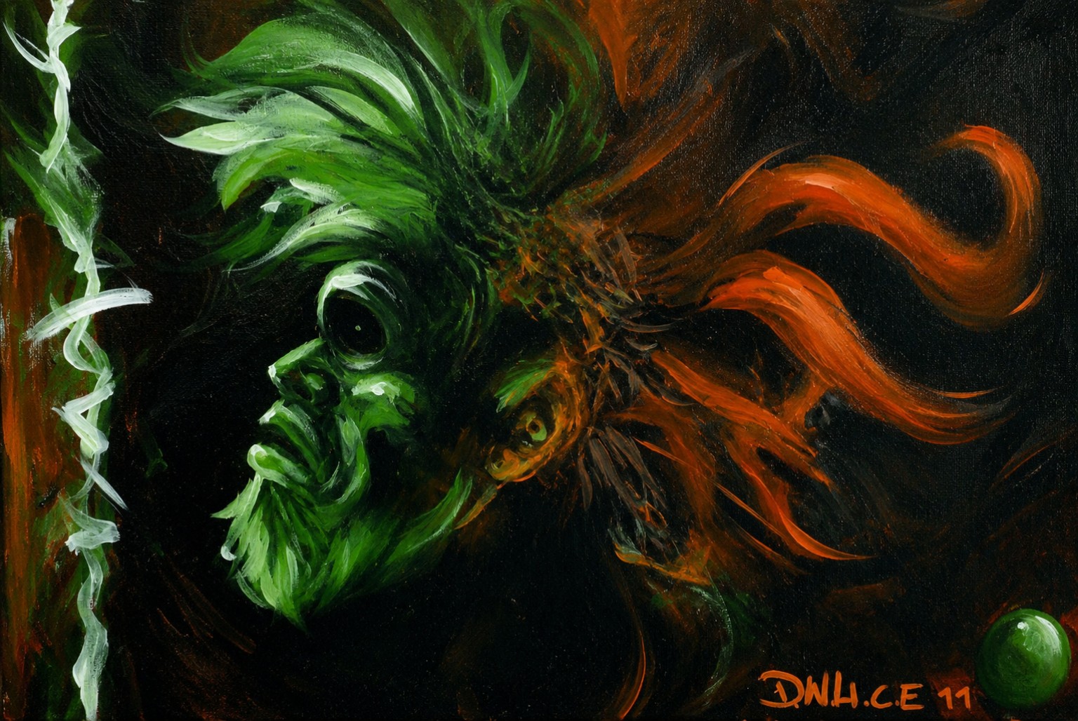 Peinture organique verte et orange sur fond noir