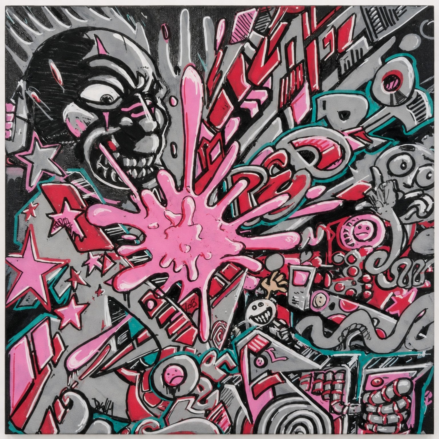Composition graphique graffiti rose, rouge, grise et turquoise