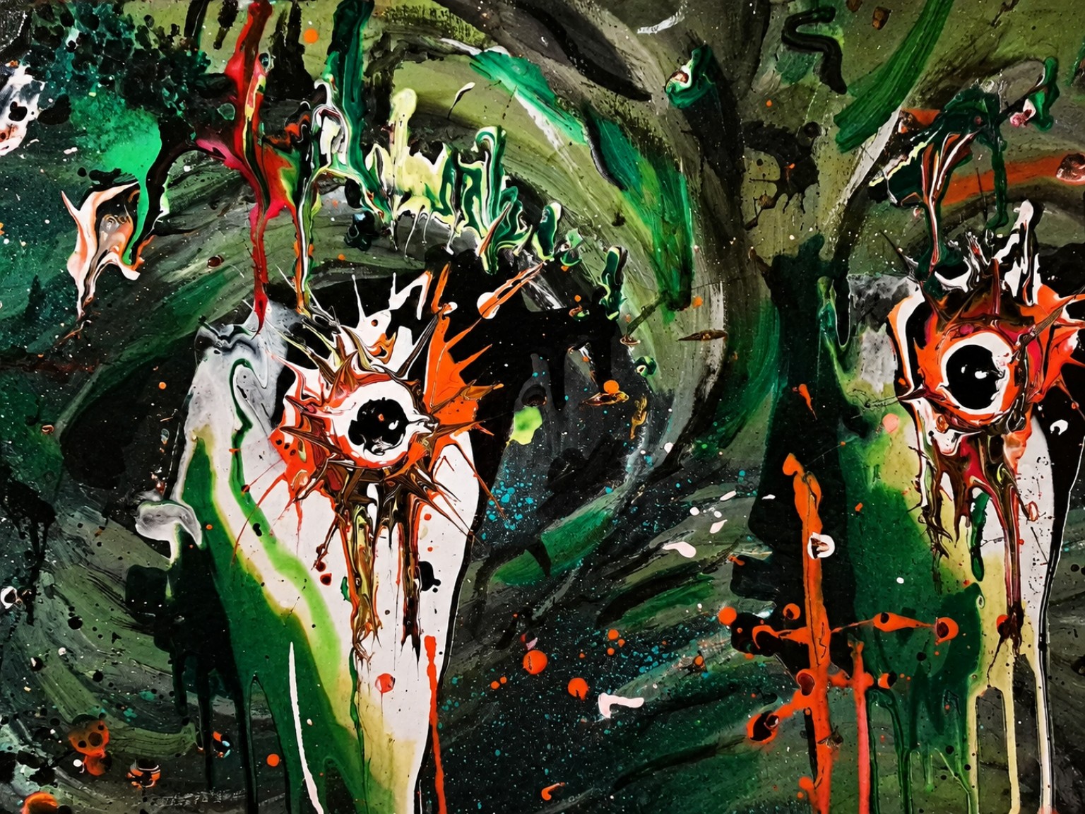 Œuvre abstraite organique verte, noire, blanche et orange