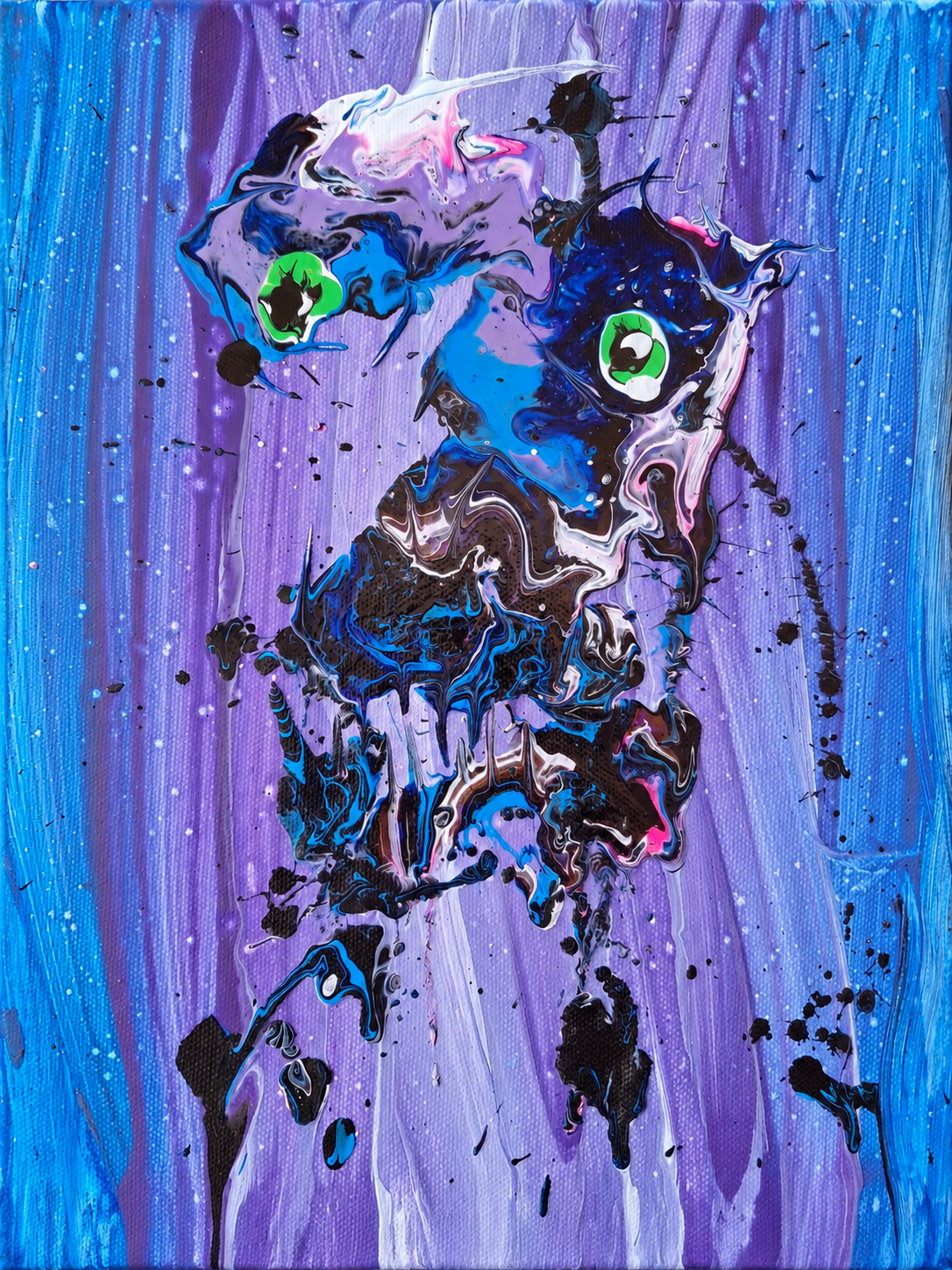 Toile de la série Petits Monstres aux formes organiques bleues, violettes, blanches et noires, avec deux yeux verts