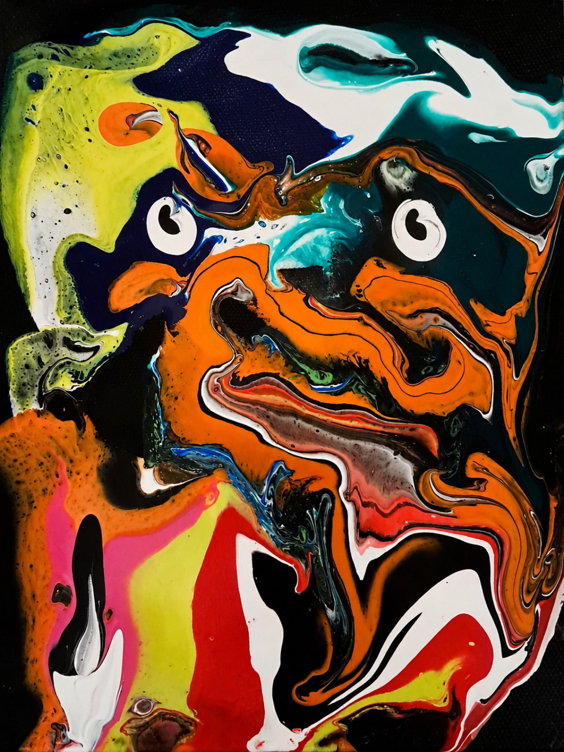 Peinture abstraite de la série P’tits Monstres, aux formes organiques orange, vertes, turquoise, rouges, blanches et noires